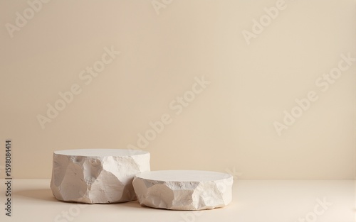 Stone podiums on a neutral beige gray studio background with two rock forms for showcasing cosmetic products creating an abstract minimalist scene with a trendy vibe and copy space image