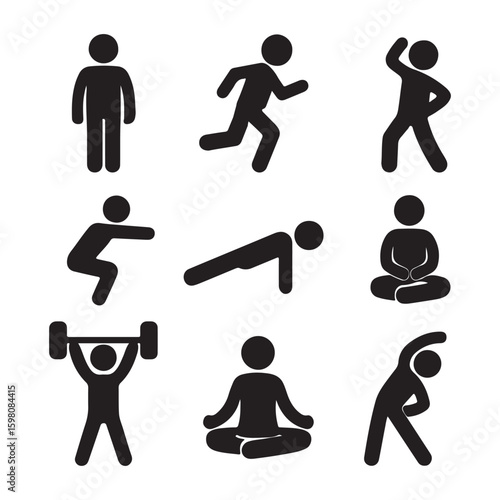 Fitness Exercise Stick Figure Icons – Workout, Yoga, Running, Stretching Vector Set

