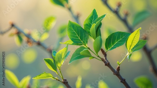 Wallpaper Mural Fresh green leaves on a branch with blurred background, healthy nature, growth, and vitality. Torontodigital.ca