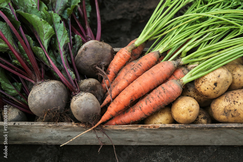 Autumn harvest of organic root vegetables in wooden box in garden close up. Freshly harvested carrot, beetroot and potato. Bio and eco farming cultivation