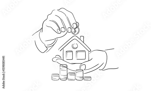 Business human hand hold coin and house, continious line drawing, digital marketing outline. Vector illustration