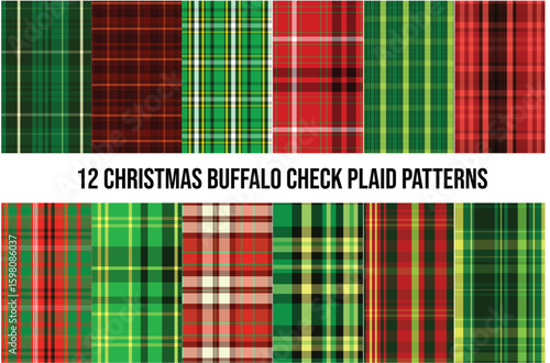 Christmas Tartan Plaid Patterns Red, Green, White and Black Checkered Backgrounds, Pixel Gingham, Modern Holiday Textures