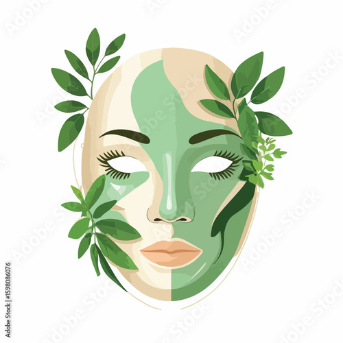 a beauty face mask sheet icon, paired with two green herbal leaves