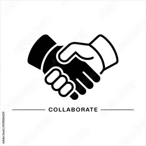 Black and white icon of two hands shaking with the word collaborate below handshake agreement