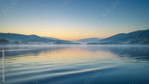 Wallpaper Mural Serene lake at dawn with mist rising, surrounded by mountains and a clear sky. Nature and tranquility scene. Peaceful water landscape. Torontodigital.ca