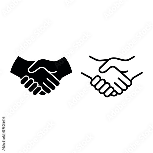 Two handshake icons one solid black and one outline on white background agreement deal