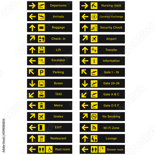 Airport Sign Set. Airport sign departure arrival travel icon. Vector airport board airline sign gate flight information stock illustration