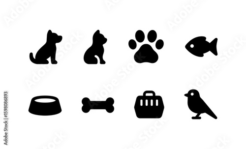 Pet care icons: dog, cat, fish, bird, and accessories silhouette set for animal lovers