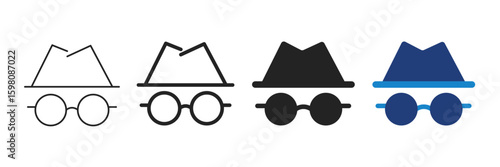 Incognito mode icons – editable stroke anonymous user and privacy symbols in flat and line styles