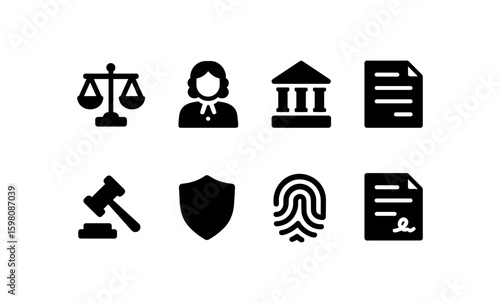 Legal icons set featuring judge, court, gavel, and more in bold black silhouette