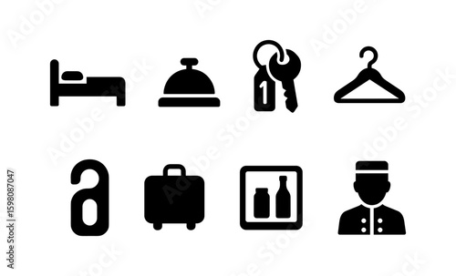 Hotel and hospitality icons: bed, bell, door handle, luggage, concierge, and more