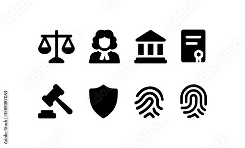Law icons set: scales, judge, courthouse, legal document, gavel, shield, fingerprint