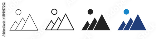 Landscape image icons – editable stroke photo and preview symbols with mountains and sun. Vector