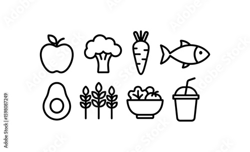 Minimalistic healthy food icons set featuring fruits, vegetables, and drinks