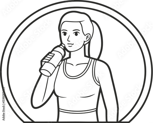 Fitness Woman Drinking Water Bottle Vector – Black and White Workout Illustration