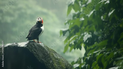Atlantic Puffin perched on a rock in the rain with greenery background video footage