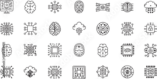 Artificial Intelligence and Neural Network Icon Set – Brain, Chip, Machine Learning, Cloud AI