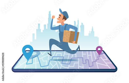 Fast delivery. concept illustration with deliveryman running with box