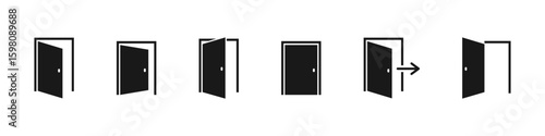 Open door icon set with entry arrow and editable stroke in minimal style. Vector