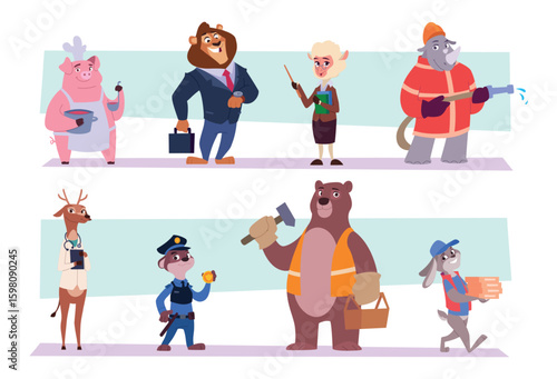 Animals professions. Carriers teachers builders funny cartoon animals of different daily occupation exact vector template