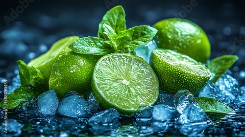 Fresh limes and mint on ice.