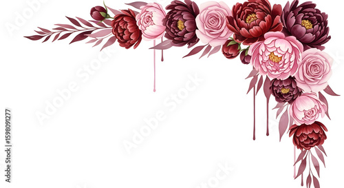Elegant burgundy watercolor flowers artfully decorate the corner on a white background for sophisticated designs.