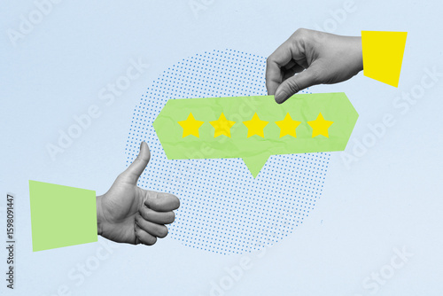Obraz na płótnie Human hand showing thumb up gesture and a speech bubble with five star rating
