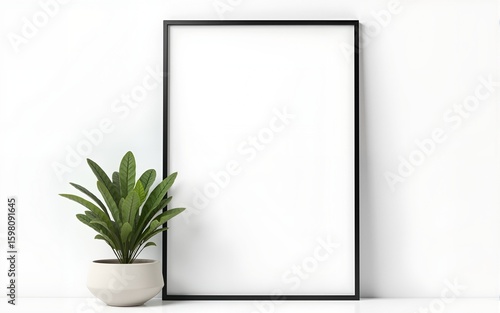 Wallpaper Mural Blank black frame mockup with plant on white wall. High quality Torontodigital.ca