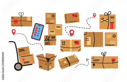 Delivery and shipping stickers, cardboard boxes and parcels in cartoon style. Set of vector illustrations of moving goods and deliveries. Groovy hand-drawn stickers.
