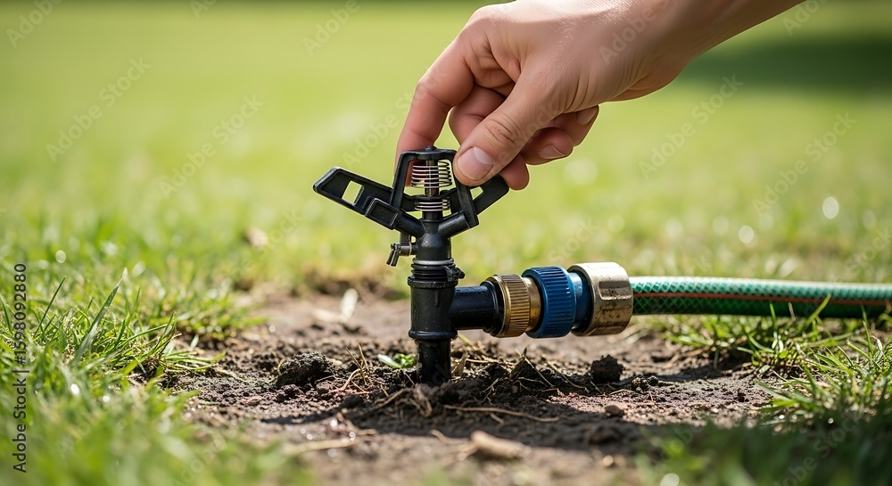 A person's hand adjusting a black lawn sprinkler with a connected hose on a green grass lawn. A person's hand adjusting a black lawn sprinkler with a connected hose on a green grass lawn.