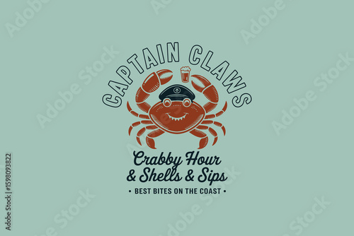 Captain Claws Crab Logo Vintage Vector Muted Colors