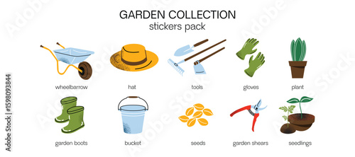 Garden tools and farming equipment sticker set. Shovel, boots, bucket, gloves, and gardening essentials. Cartoon-style illustrations for planting and harvesting. Gardening and agriculture icons.