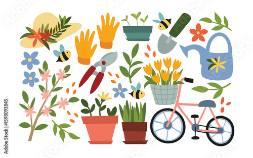 Garden tools and farming equipment sticker set. Shovel, boots, bucket, gloves, and gardening essentials. Cartoon-style illustrations for planting and harvesting. Gardening and agriculture icons.