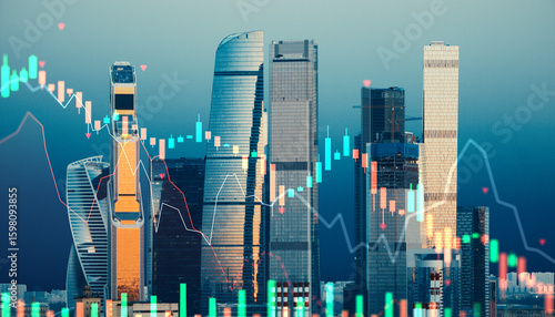 Photography Moscow city skyline with financial stock chart overlay depicting property market downturn and economic crisis impact on real estate investment