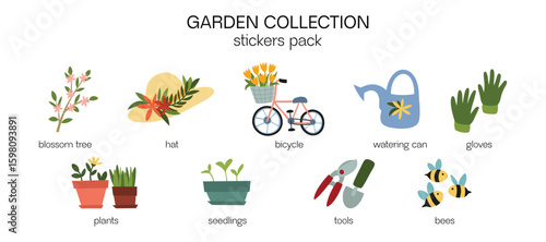 Garden tools and farming equipment sticker set. Shovel, boots, bucket, gloves, and gardening essentials. Cartoon-style illustrations for planting and harvesting. Gardening and agriculture icons.