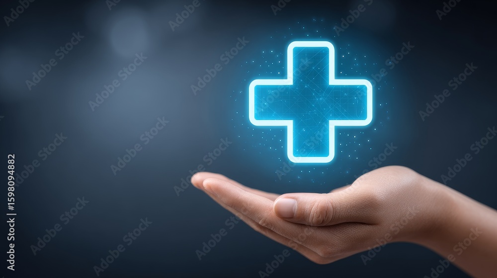 Obraz premium Medical assistance in focus blue medical cross hovering above hand hospital environment conceptual sign for nurses and doctors