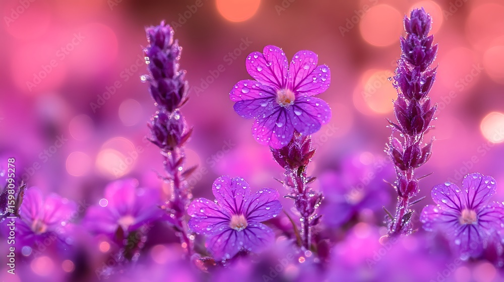 Fototapeta premium Close-up view of vibrant purple wildflowers with dew drops.