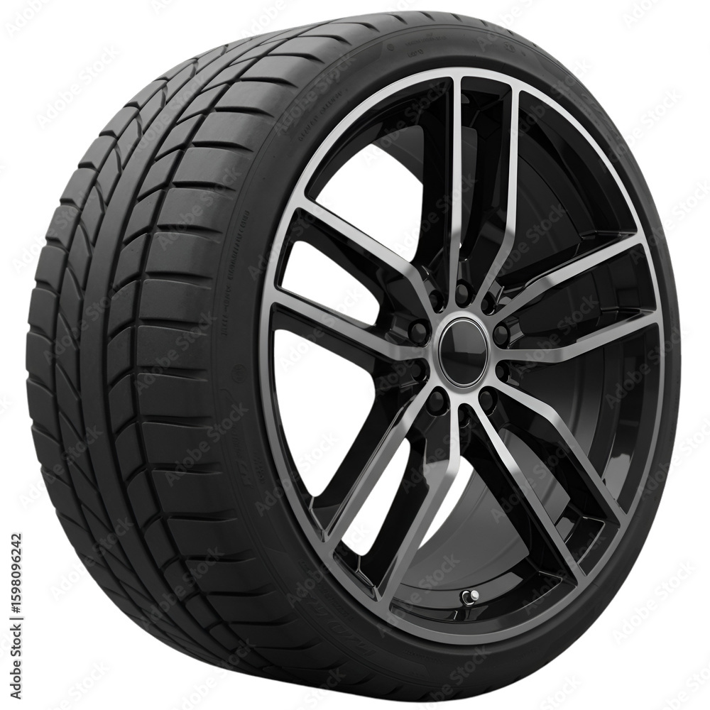 Fototapeta premium Photo of High-Performance Tire and Alloy Wheel against Black Background