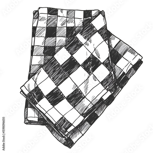 Black and White Checkered Illustration of a Napkin on Black Background