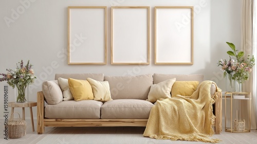 Modern living room with wooden frames and beige couch