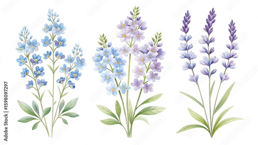 Fototapeta premium Delicate watercolor illustrations of three distinct bouquets of tall slender blue and purple wildflowers with green foliage