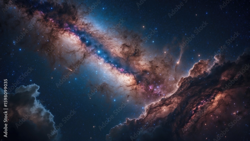 Fototapeta premium Vast galaxy and stars in space with clouds, showcasing the Milky Way. Astronomy, space exploration, and night sky concept. The beauty of cosmic phenomena and celestial bodies.