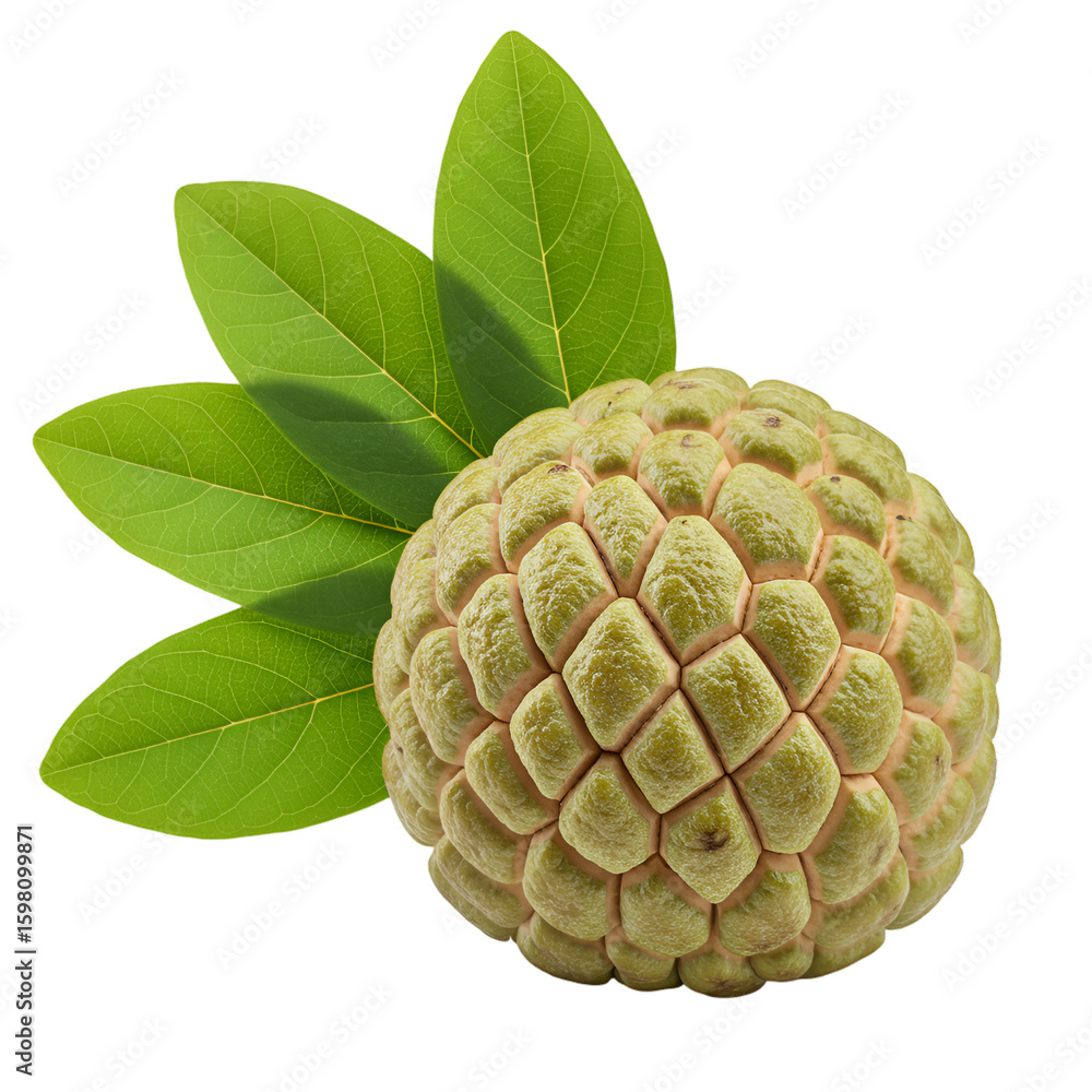 Fototapeta premium Realistic Photo of a Custard Apple with Green Leaves on Black Background