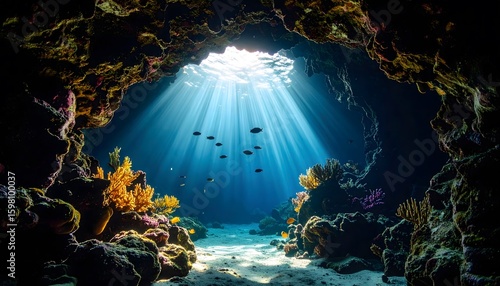 Sunlit underwater cave with fish shoal