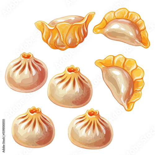 Variety of Delicious Asian Dumplings Steamed Buns and Potstickers Illustration