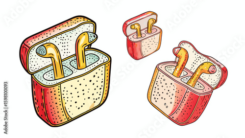 Illustration of three wireless earbuds cases with earbuds inside each one on a white background