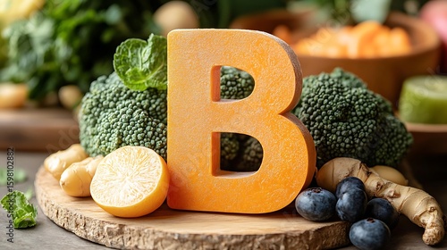 Vitamin B displayed amongst fresh fruits and vegetables.