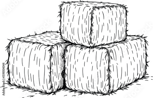 Illustration of three stacked square hay bales with visible string in a black and white sketch style