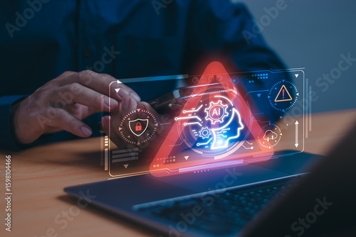 Foto AI technology scam or cyber security warning concept, Man holding mobile while w