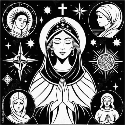 Devotional art of the virgin mary surrounded by celestial symbols and figures